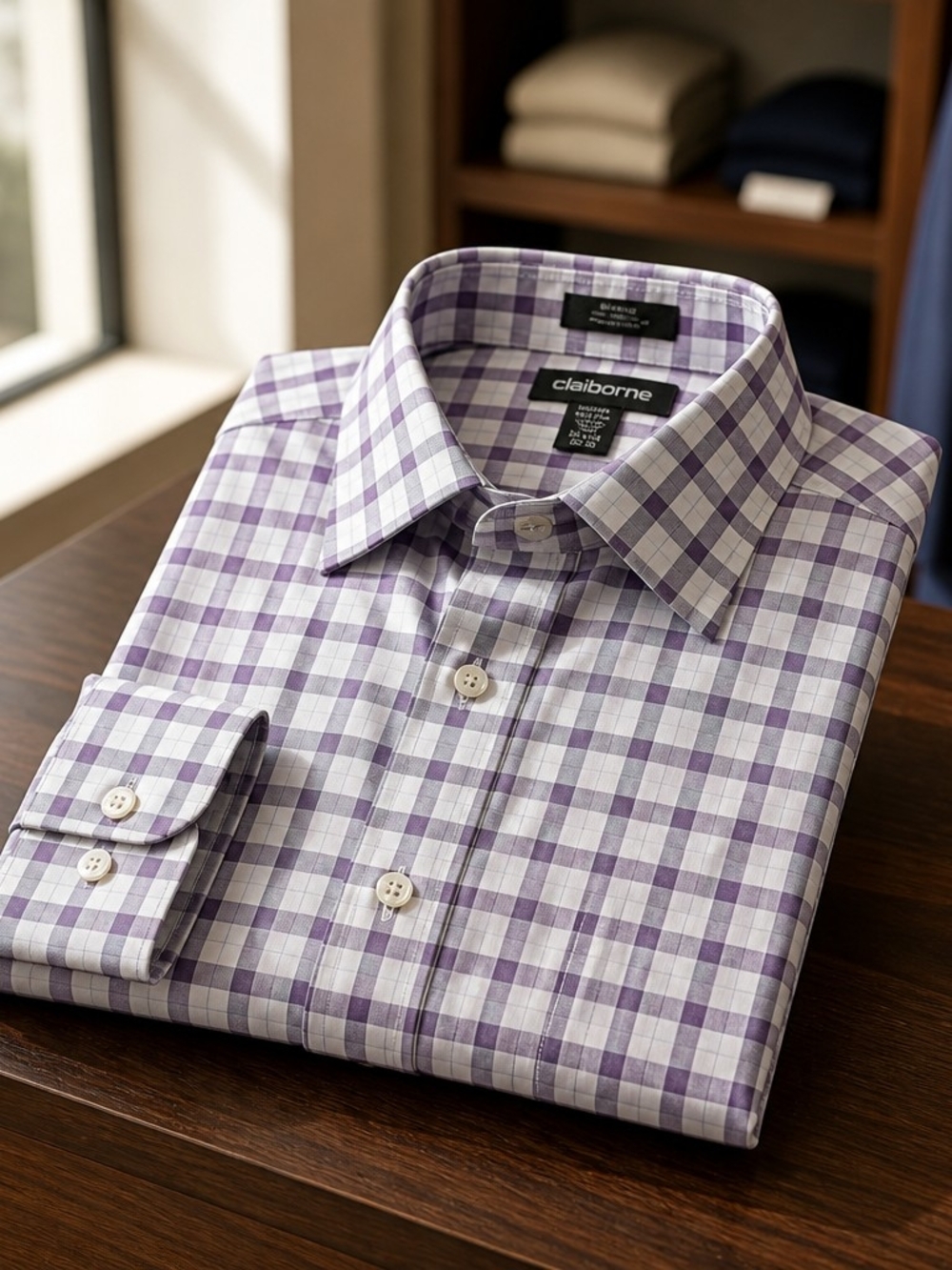 Claiborne Long Sleeve Button Up Shirt 16 1/2 36/37 100% Cotton Purple Plaid 5021